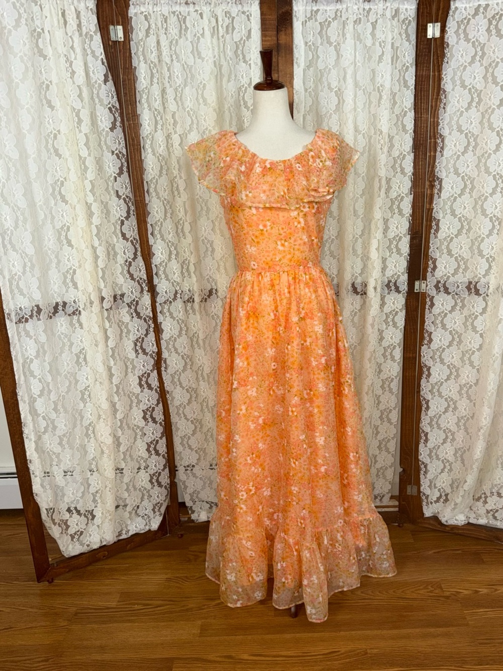 Pretty Vintage 1970s Floral Chiffon Maxi Dress